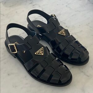 NEW Prada Fisherman Black Leather Sandals with Gold size 37